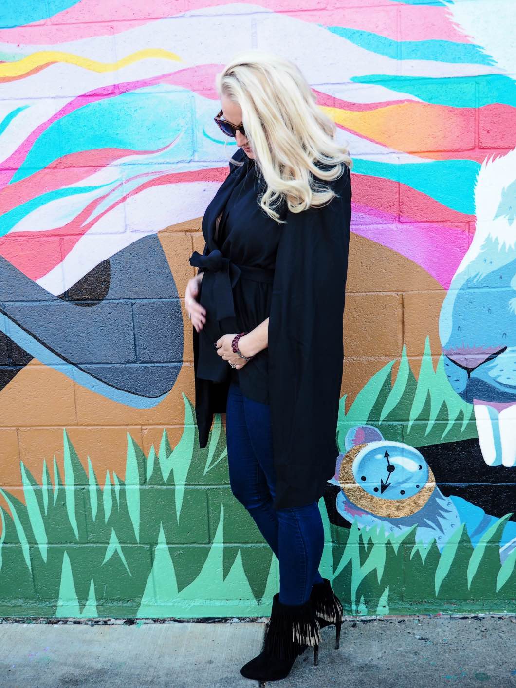 Maternity Style with Lyon and Post Black Cape Jeans and Fringe