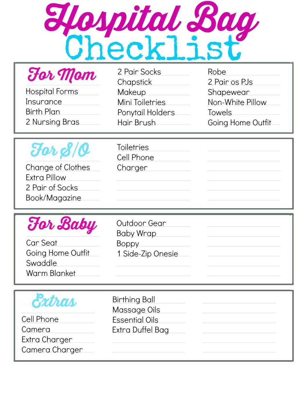 Diaper bag shop checklist for hospital