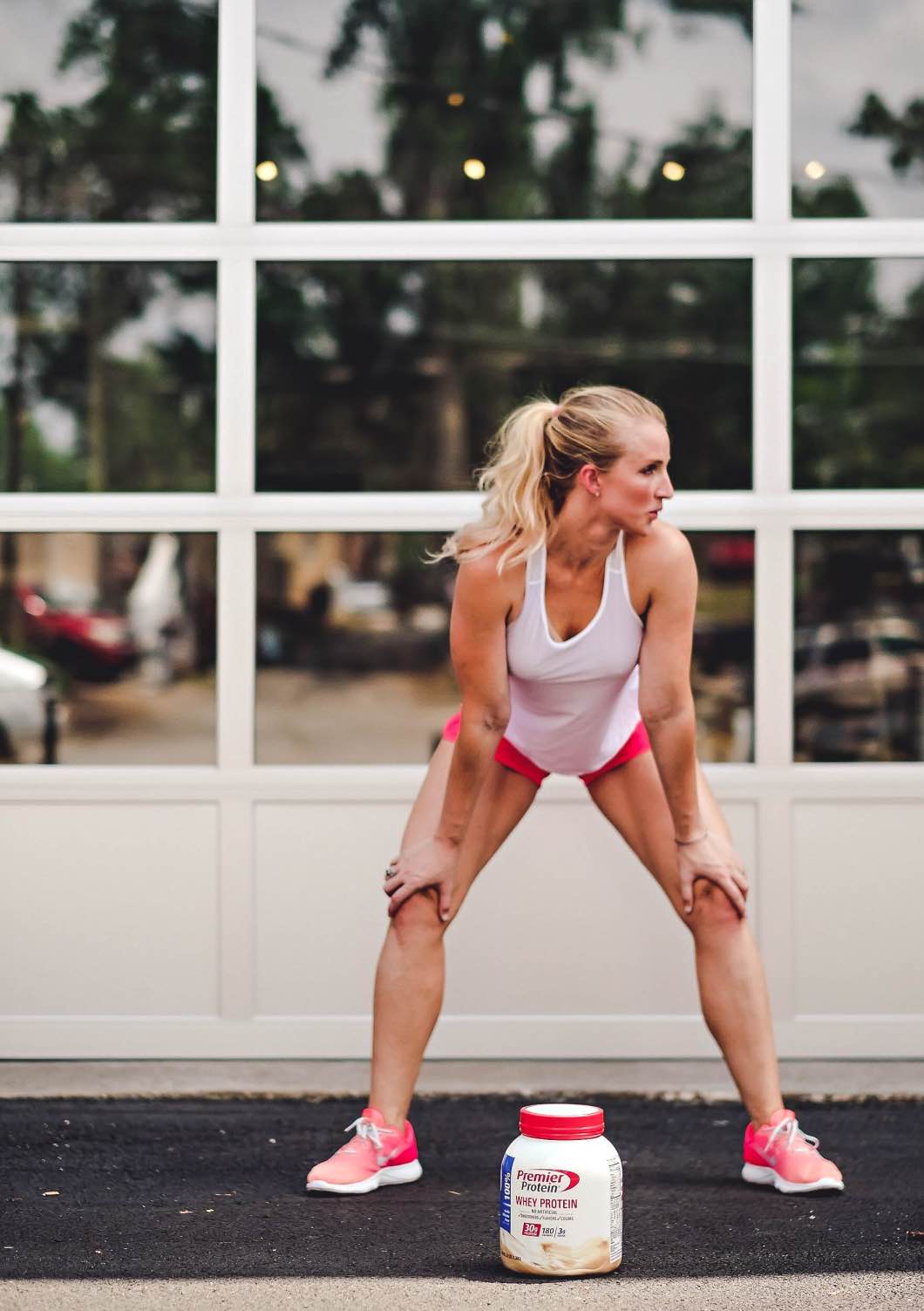 Leg Workouts At Home with Premier Protein by fitness blogger Jessica of Happily Hughes