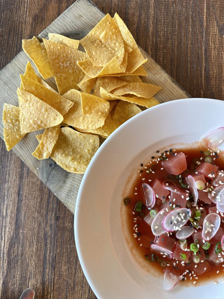 Tostito nacho chips with tuna tartare on the side